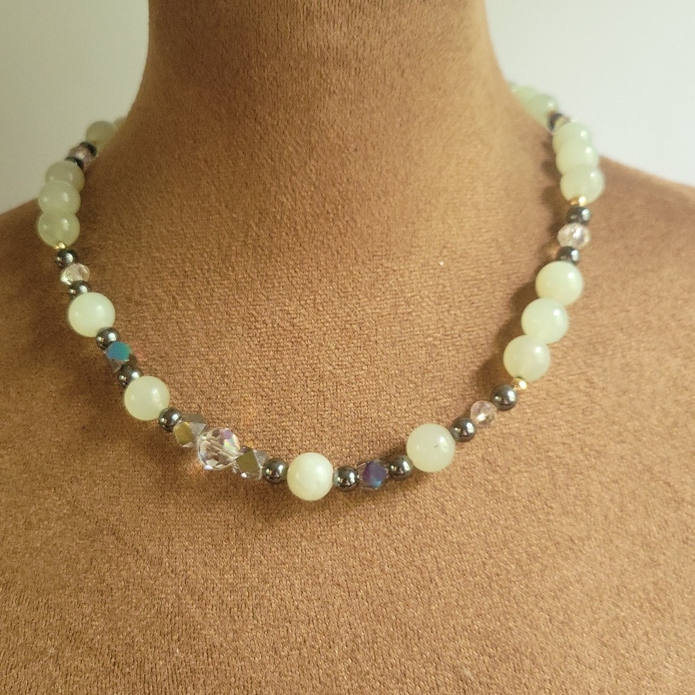 Vintage Pale Green Glass Bead Hematite Crystal Toggle Necklace 18in Cottagecore